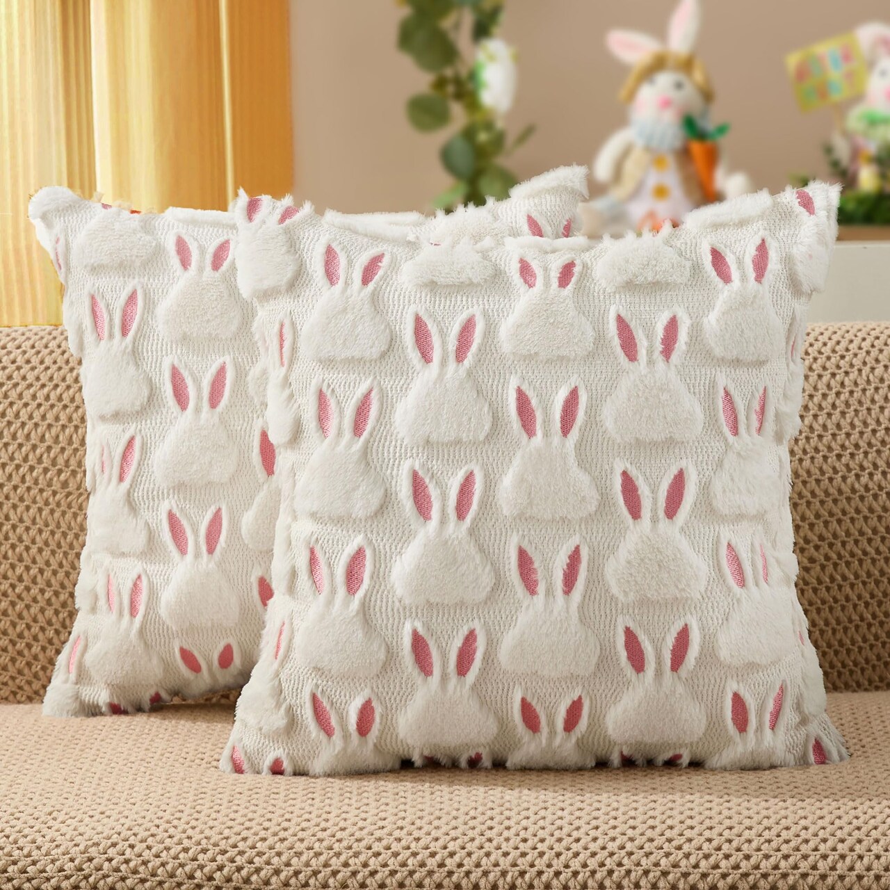 Easter Pillow Covers 18x18 inch Set of 2 Easter Decorations Pink Ears White Rabbit Soft Plush Faux Fur Jacquard Throw Pillows for Bedroom Sofa Holiday Festivals Home Decor FHJ-07D18